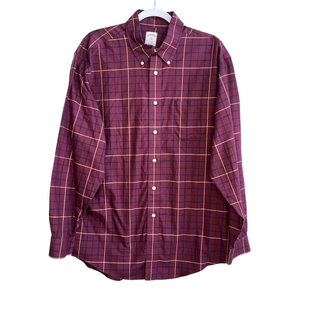 Brooks Brothers 346 Plaid Button Down Shirt Men's Large Non Iron Cotton Burgundy